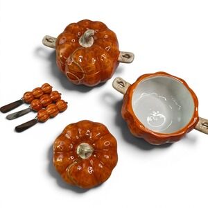 LTD Commodities Ceramic Pumpkin Soup Tureen Set with Spreaders Orange Fall Decor